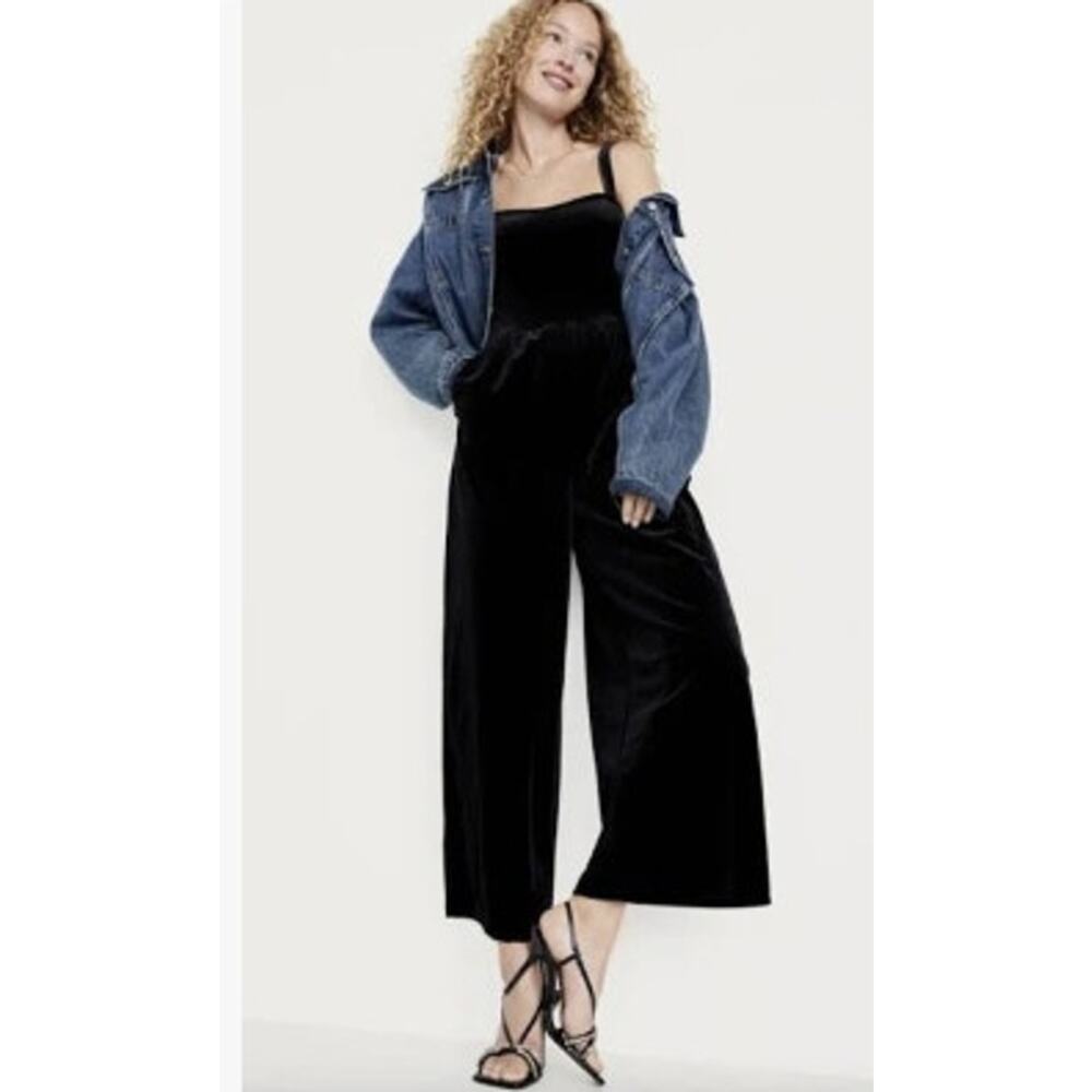 New NWT Old Navy Black Crushed Velvet Velour Wide Leg Jumpsuit Large Tall